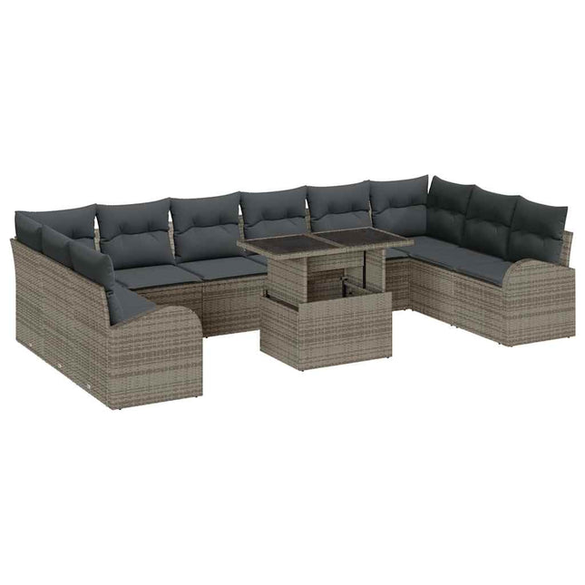 Havesofa Sæt med pude med opbevaring 11 pcs Grå Poly rattan