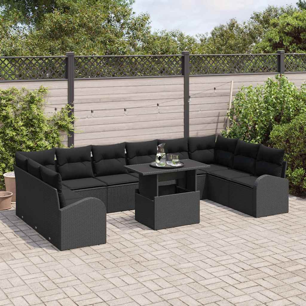 Havesofa Sæt med pude med opbevaring 11 pcs Sort Poly rattan