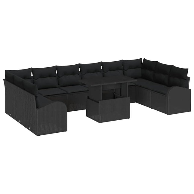 Havesofa Sæt med pude med opbevaring 11 pcs Sort Poly rattan