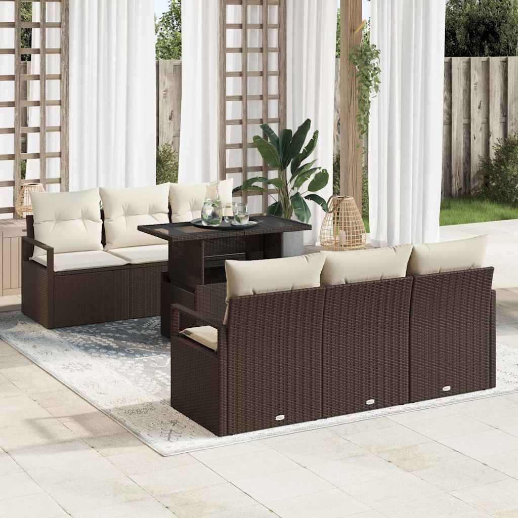Havesofa Sæt med pude med opbevaring 7 pcs Brun Poly rattan
