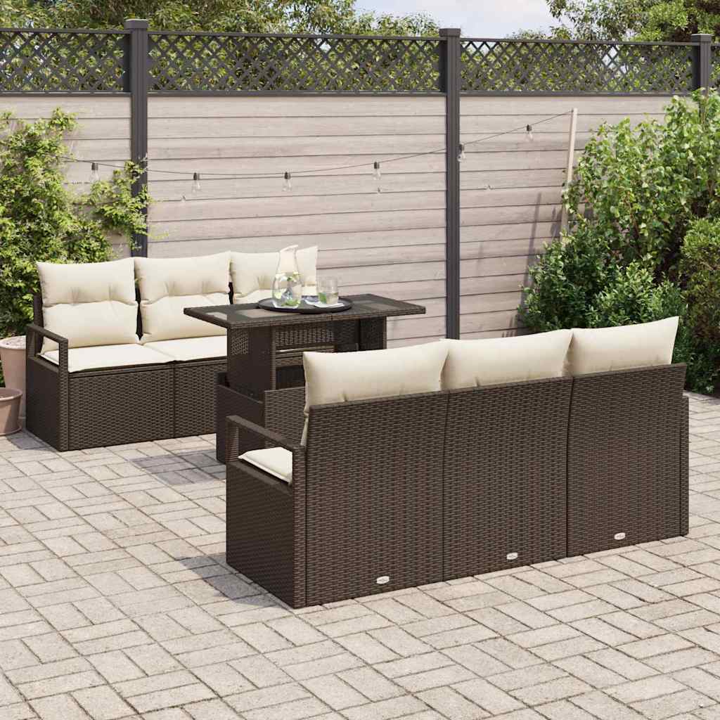 Havesofa Sæt med pude med opbevaring 7 pcs Brun Poly rattan
