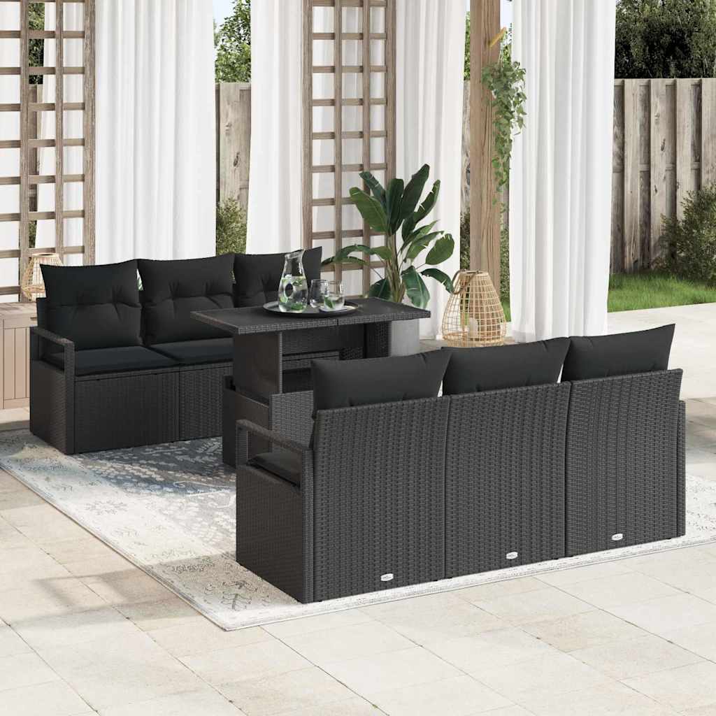 Havesofa Sæt med pude med opbevaring 7 pcs Sort Poly rattan