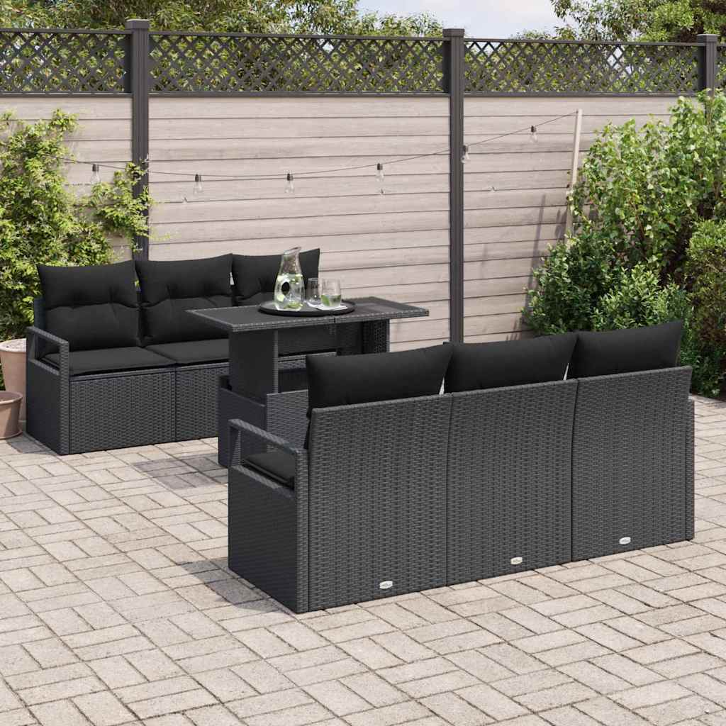 Havesofa Sæt med pude med opbevaring 7 pcs Sort Poly rattan