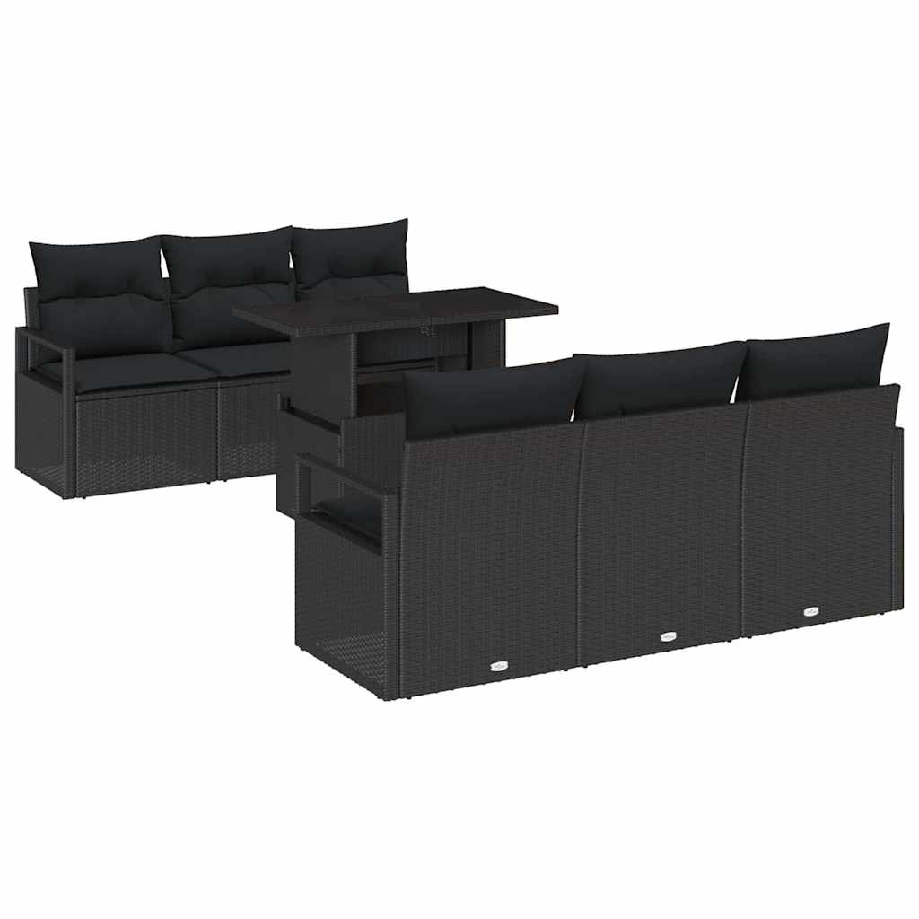 Havesofa Sæt med pude med opbevaring 7 pcs Sort Poly rattan