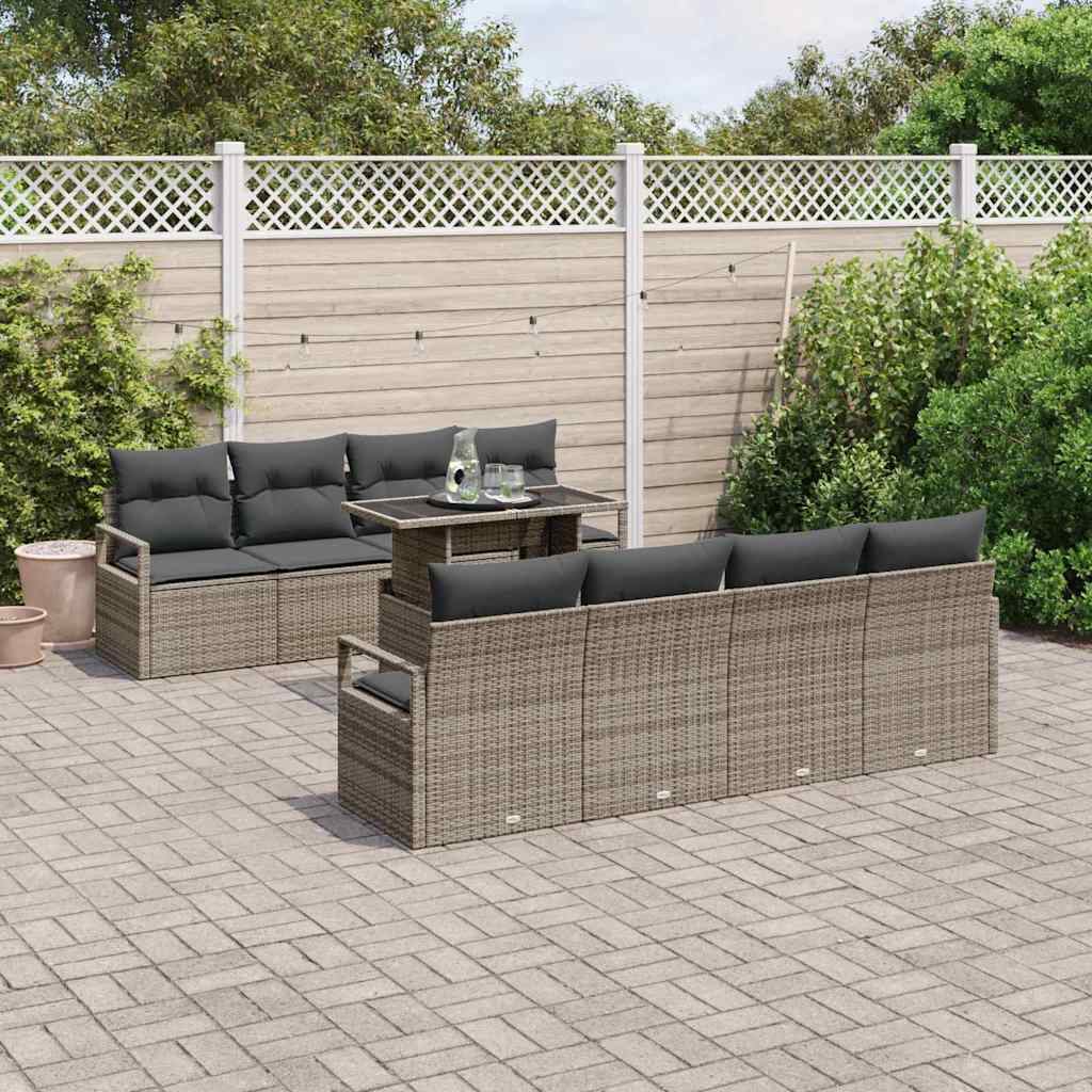 Havesofa Sæt med pude med opbevaring 9 pcs Grå Poly rattan
