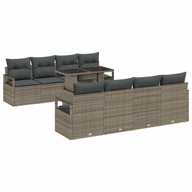 Havesofa Sæt med pude med opbevaring 9 pcs Grå Poly rattan