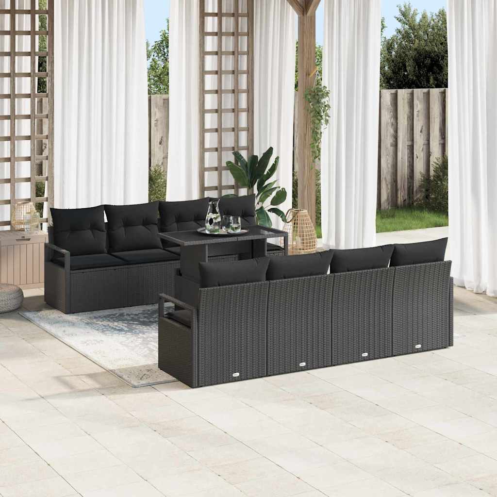 Havesofa Sæt med pude med opbevaring 9 pcs Sort Poly rattan