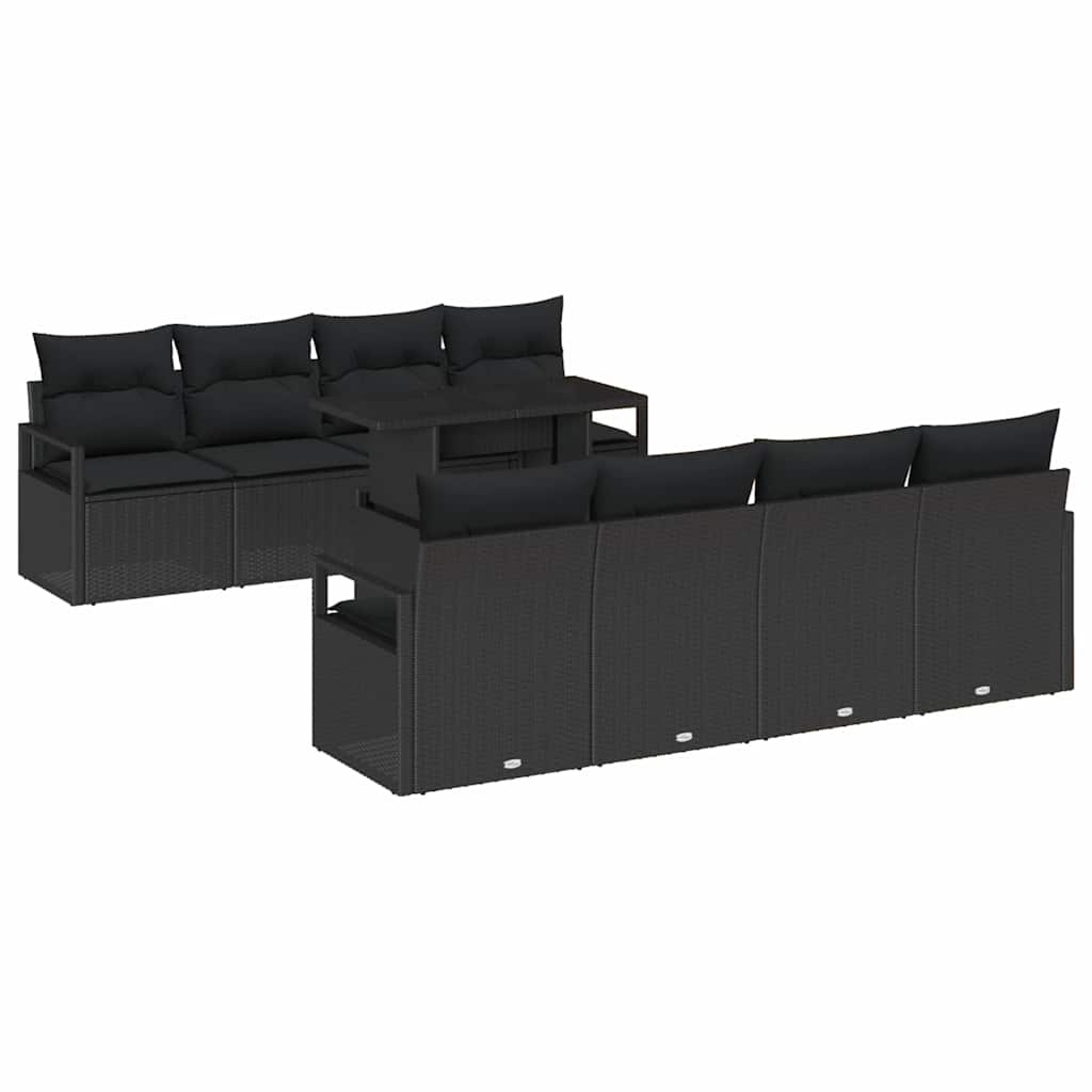 Havesofa Sæt med pude med opbevaring 9 pcs Sort Poly rattan