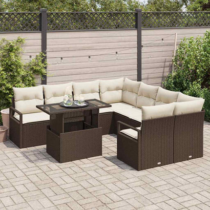 Havesofa Sæt med pude med opbevaring 9 pcs Brun Poly rattan