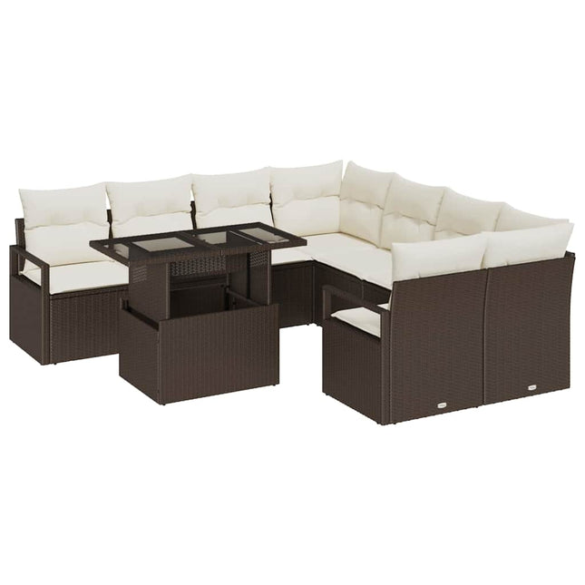 Havesofa Sæt med pude med opbevaring 9 pcs Brun Poly rattan