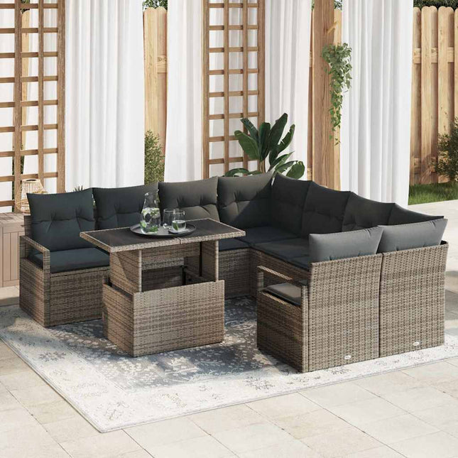 Havesofa Sæt med pude med opbevaring 9 pcs Grå Poly rattan