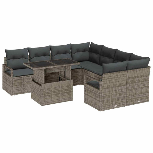 Havesofa Sæt med pude med opbevaring 9 pcs Grå Poly rattan