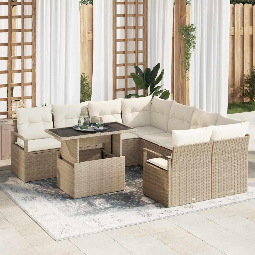 Havesofa Sæt med pude med opbevaring 9 pcs Beige Poly rattan