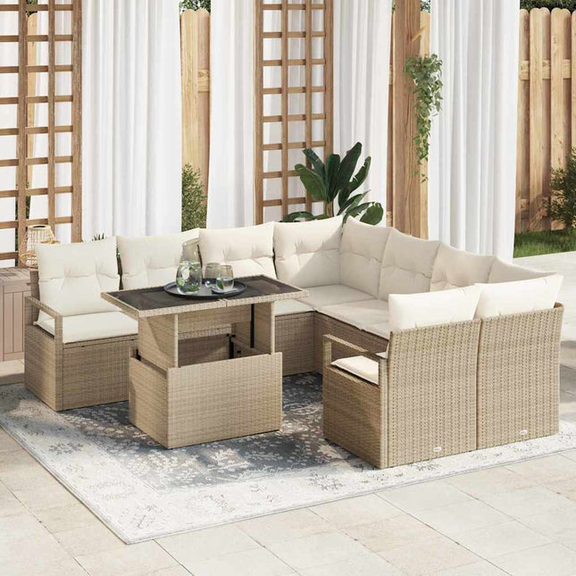 Havesofa Sæt med pude med opbevaring 9 pcs Beige Poly rattan
