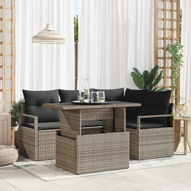 Havesofa Sæt med pude med opbevaring 5 pcs Grå Poly rattan