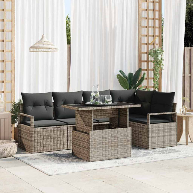 Havesofa Sæt med pude med opbevaring 6 pcs Grå Poly rattan
