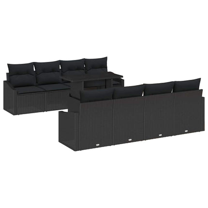 Havesofa Sæt med pude med opbevaring 9 pcs Sort polyrattan