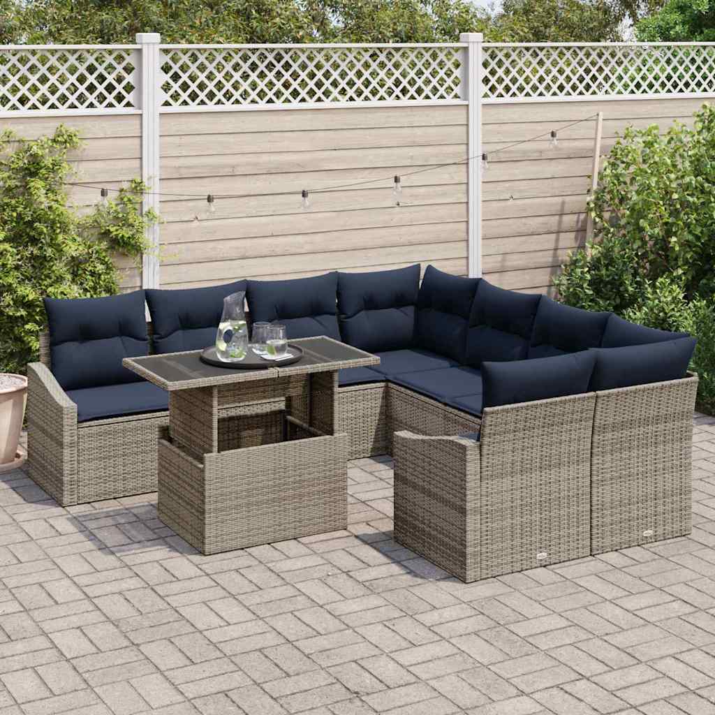 Havesofa Sæt med pude med opbevaring 9 pcs Grå polyrattan