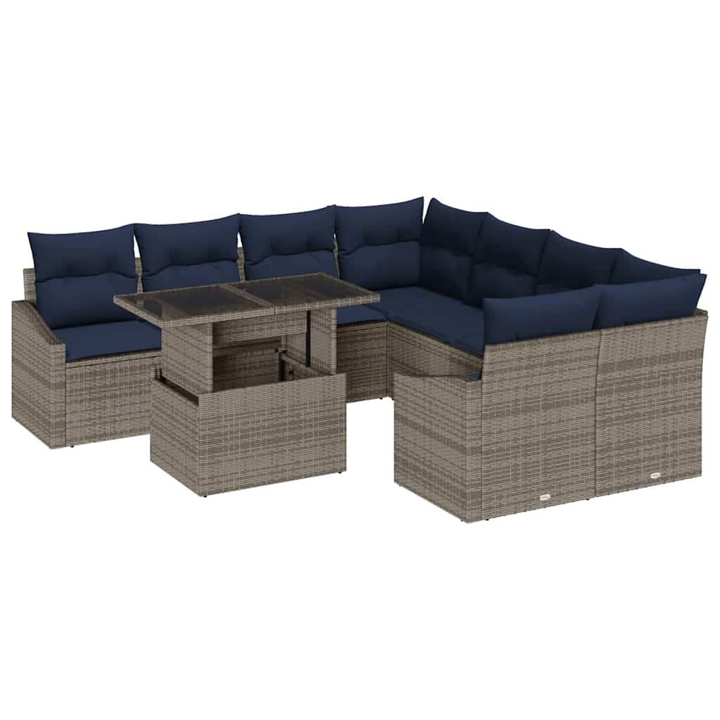 Havesofa Sæt med pude med opbevaring 9 pcs Grå polyrattan