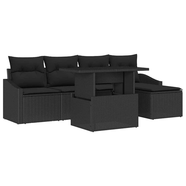 Havesofa Sæt med pude med opbevaring 6 pcs Sort polyrattan