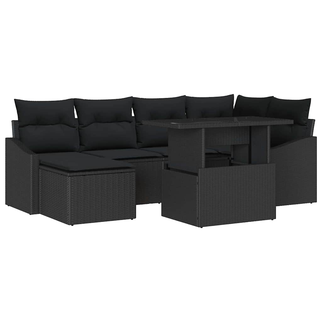 Havesofa Sæt 7 pcs Sort Poly Rattan og pulverlakeret stål