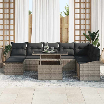 Havesofa Sæt 9 stk. Grå polyrattan, Pulverlakeret stål
