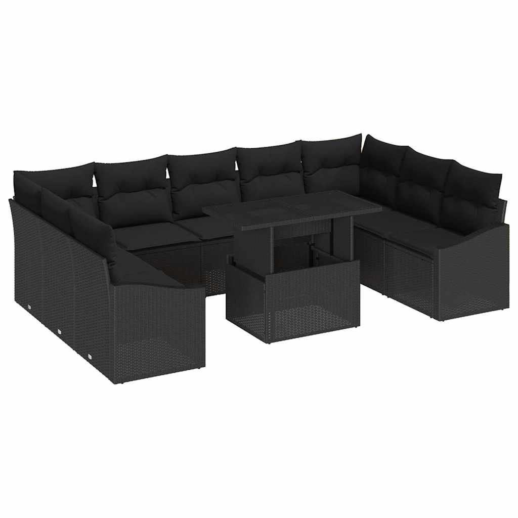 Havesofa Sæt 10 pcs Sort polyrattan & Pulverlakeret stål