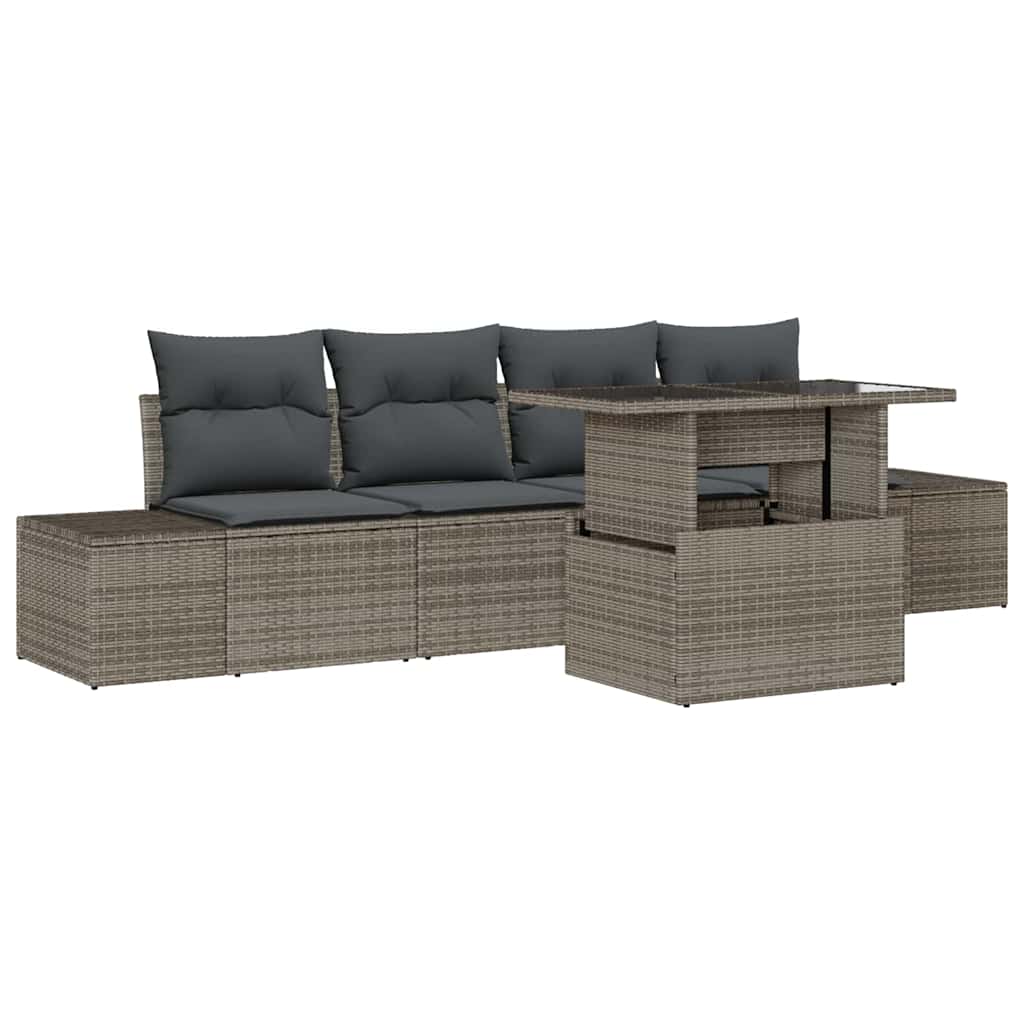 Havesofa Sæt med pude 5 pcs Grå polyrattan & Pulverlakeret stål