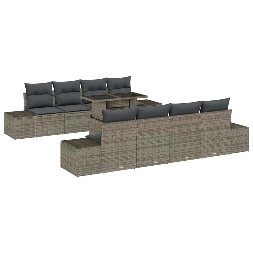 Havesofa Sæt 9 pcs Grå Poly Rattan og pulverlakeret stål