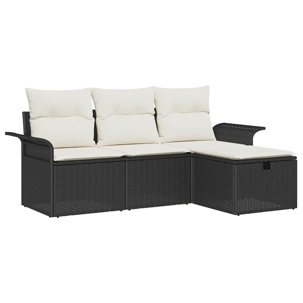 Havesofa Sæt med pude 4 pcs Sort og cremefarvet Poly rattan