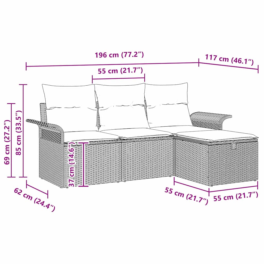 Havesofa Sæt med pude 4 pcs Sort og cremefarvet Poly rattan