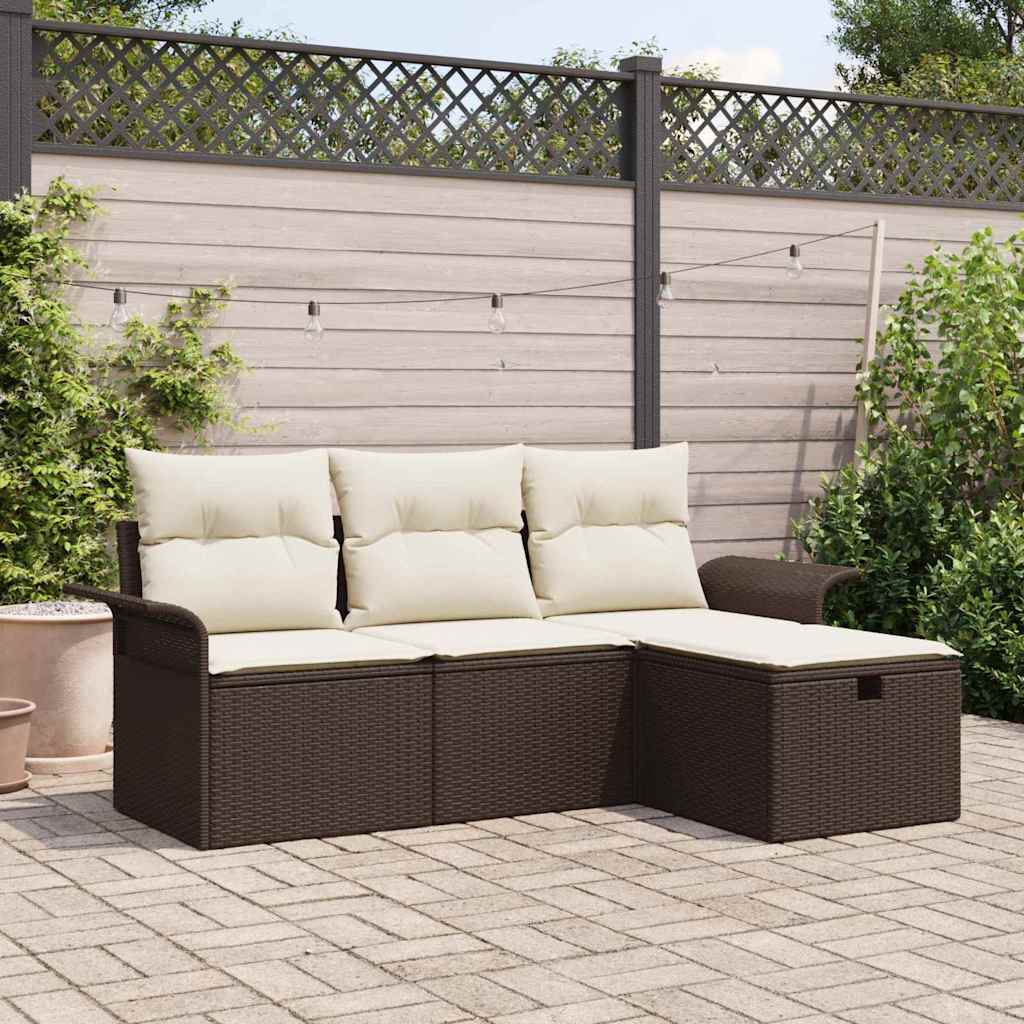 Havesofa Sæt med pude 4 pcs Brun og cremefarvet Poly rattan