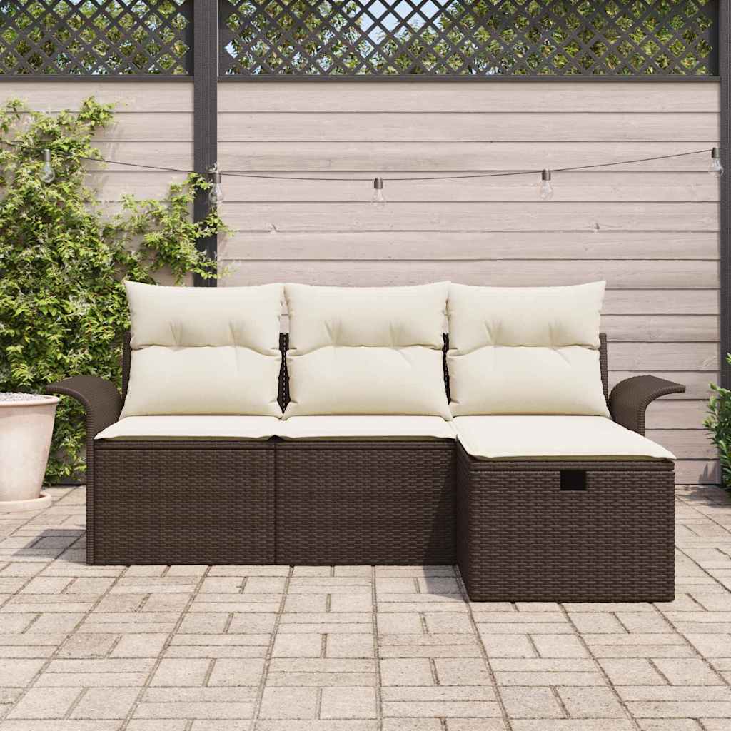 Havesofa Sæt med pude 4 pcs Brun og cremefarvet Poly rattan