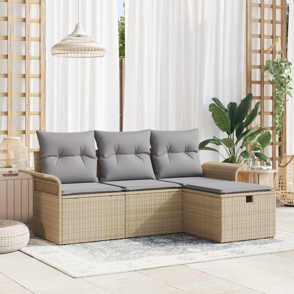 Havesofa Sæt med pude 4 pcs beige og lysegrå Poly rattan