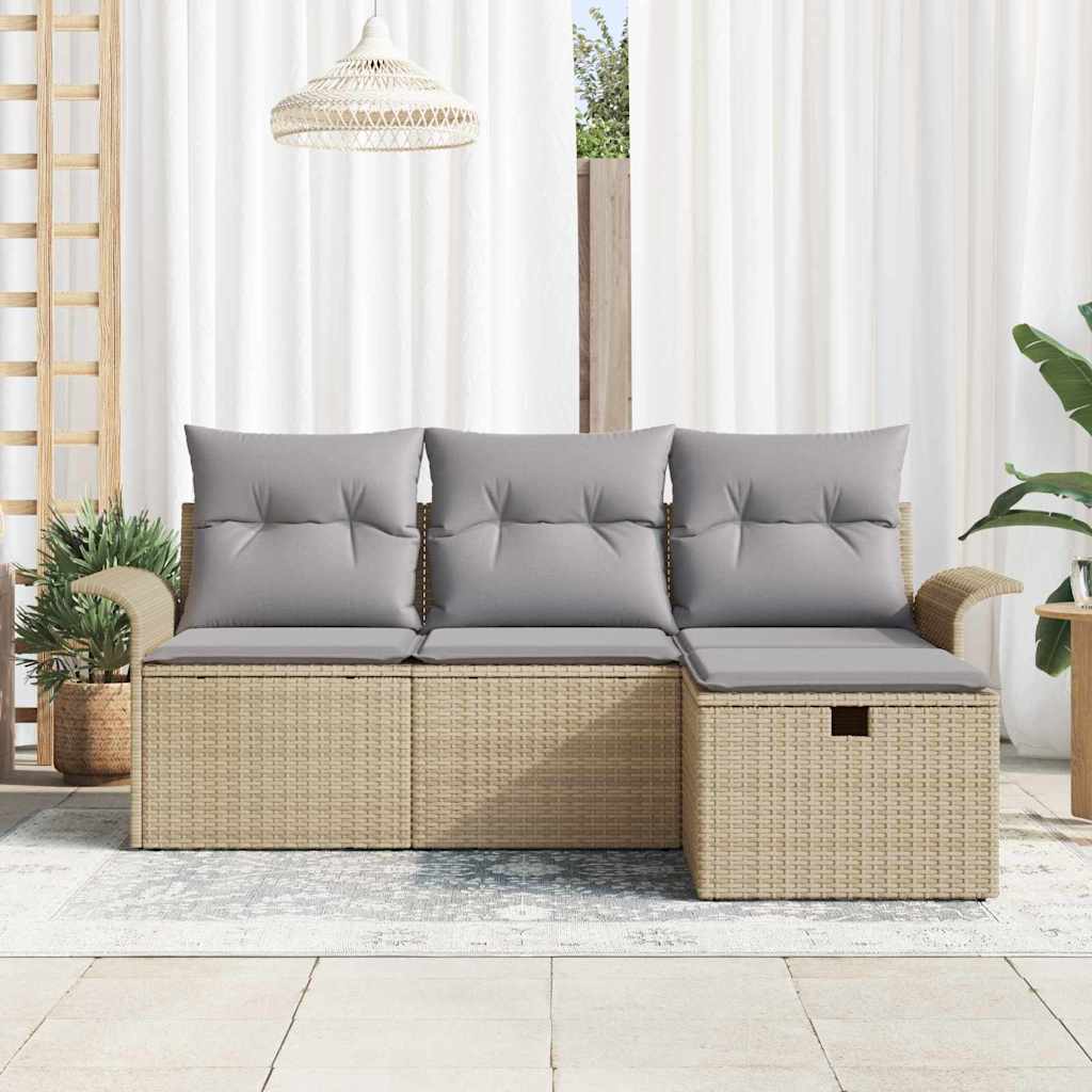 Havesofa Sæt med pude 4 pcs beige og lysegrå Poly rattan