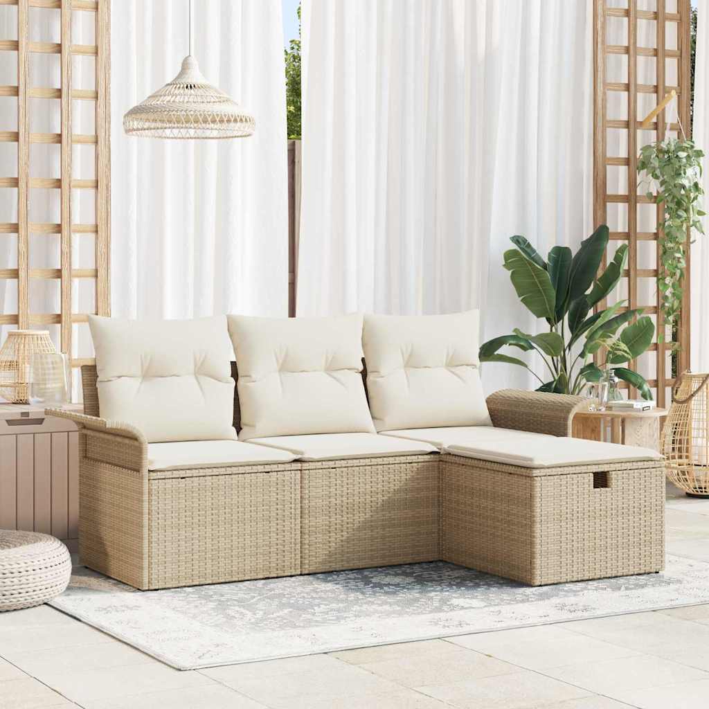 Havesofa Sæt med pude 4 pcs beige og cremefarvet Poly rattan
