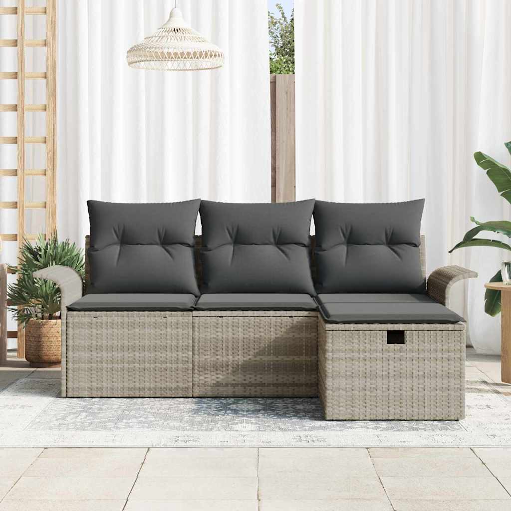 Havesofa Sæt med pude med opbevaring 4 pcs Lysegrå Poly rattan