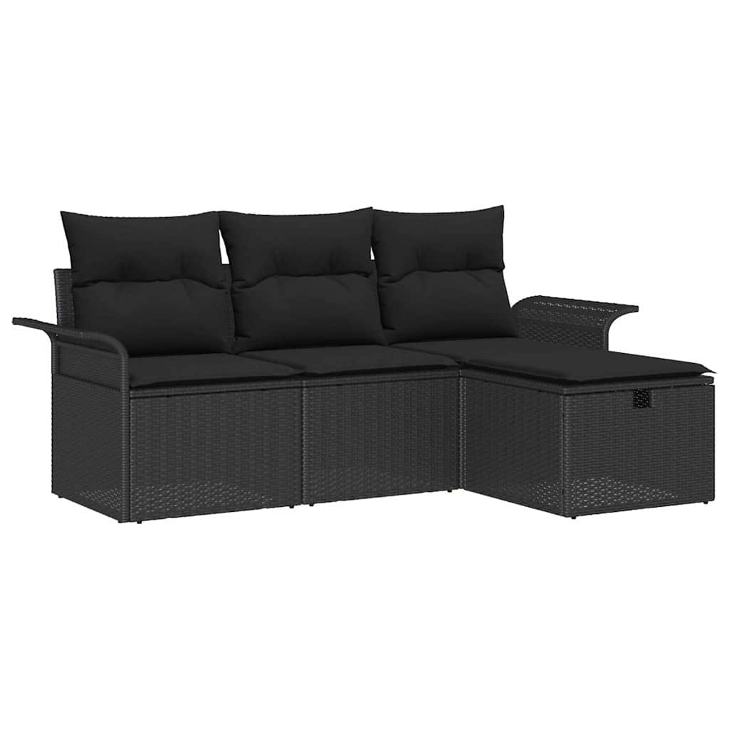 Havesofa Sæt med pude med opbevaring 4 pcs Sort polyrattan
