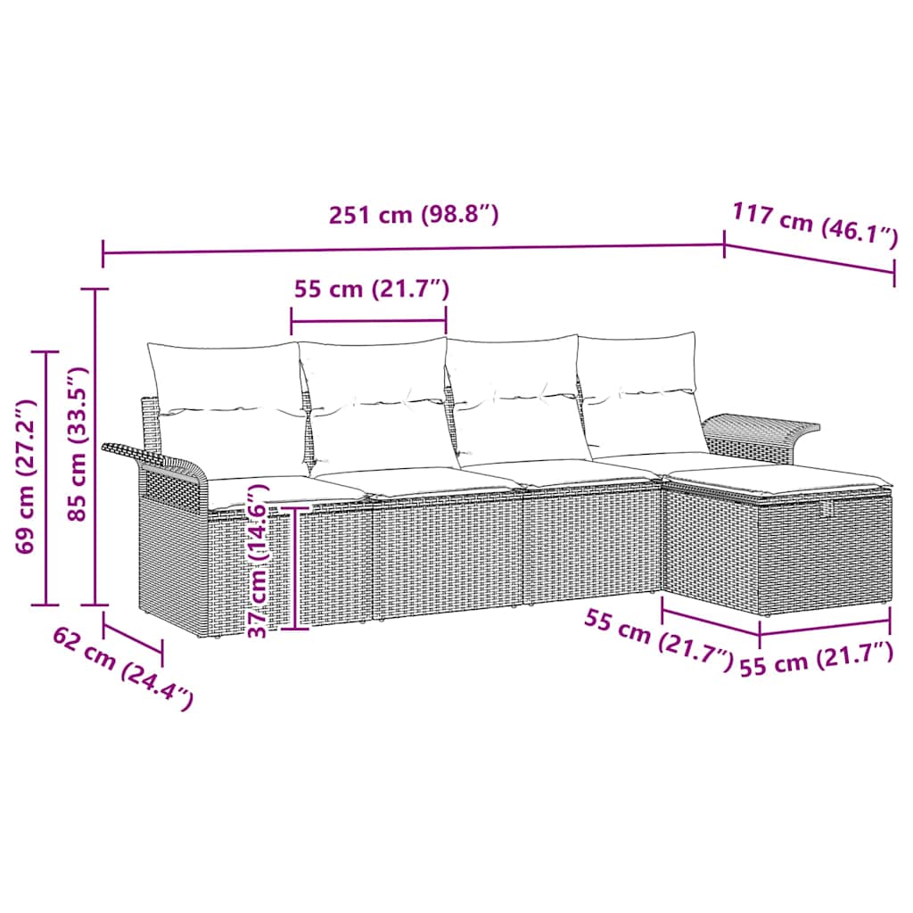 Havesofa Sæt med pude med opbevaring 5 pcs Grå polyrattan