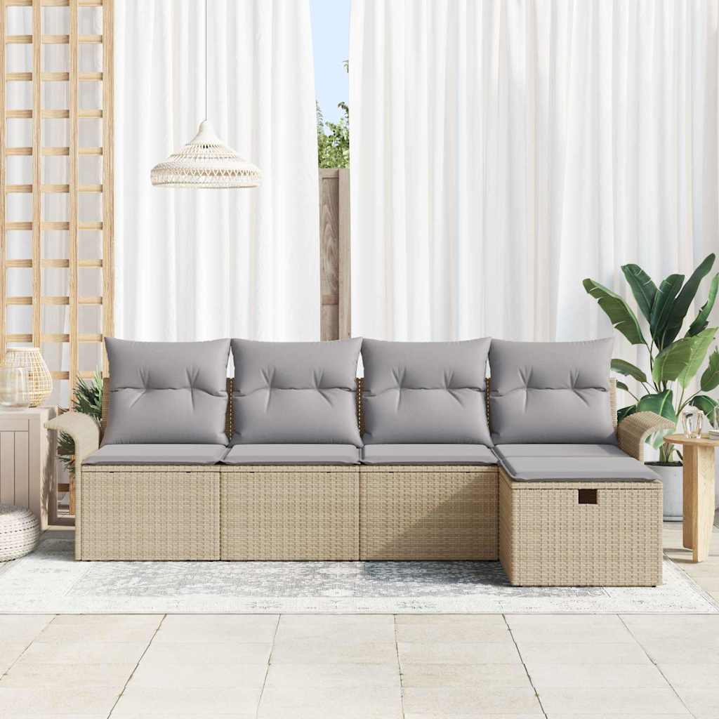 Havesofa Sæt med pude 5 pcs Beige og lys grå polyrattan