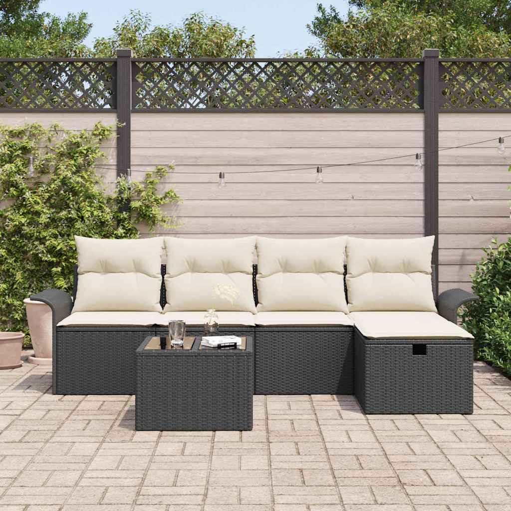 Havesofa Sæt med pude 6 pcs Sort og Cream polyrattan