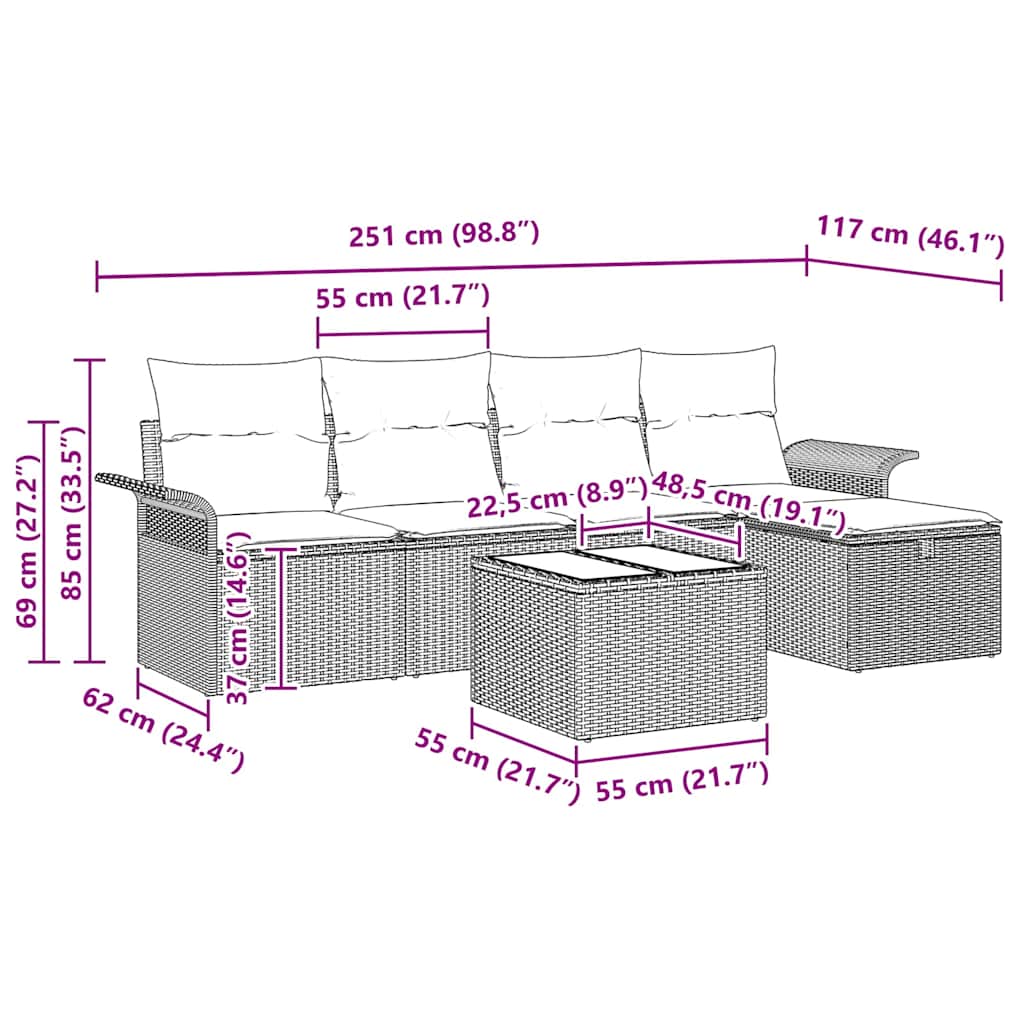 Havesofa Sæt med pude 6 pcs Sort og Cream polyrattan