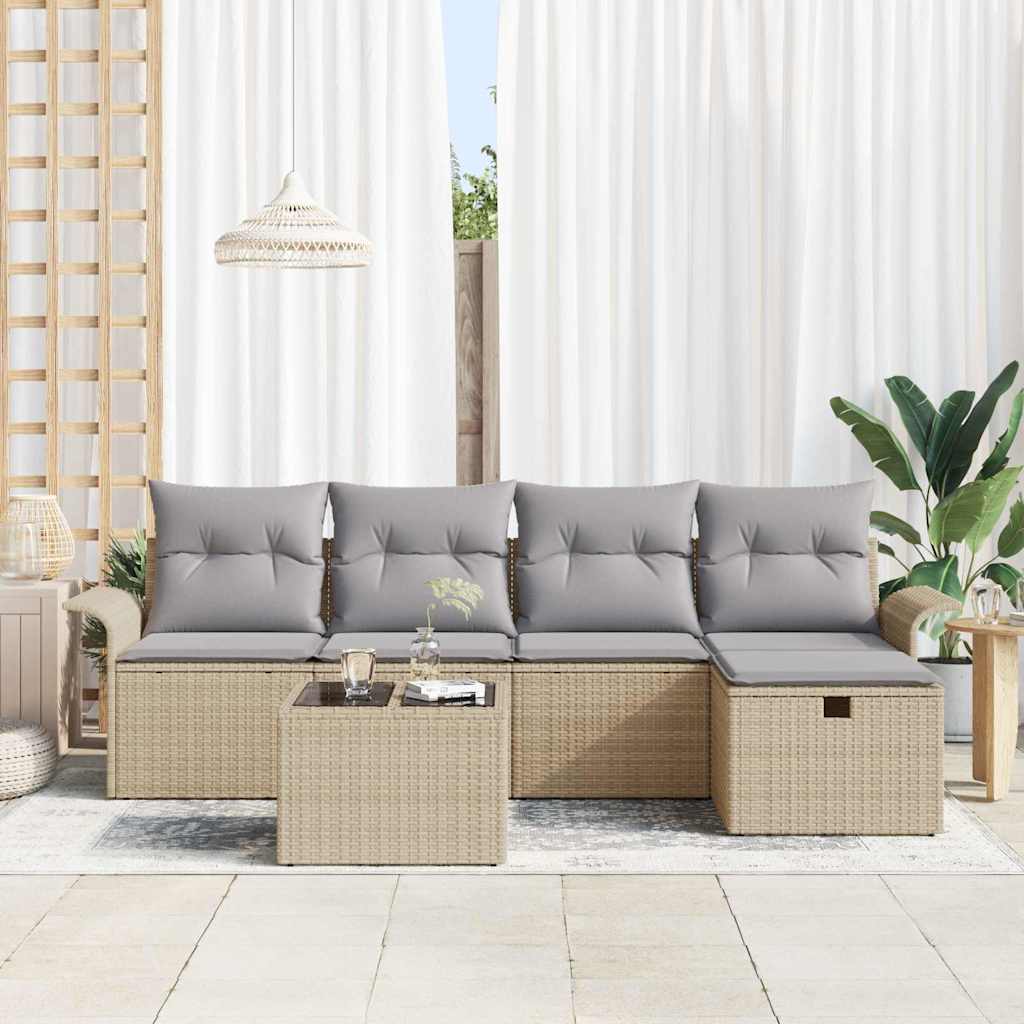 Havesofa Sæt med pude 6 pcs Beige og lys grå polyrattan