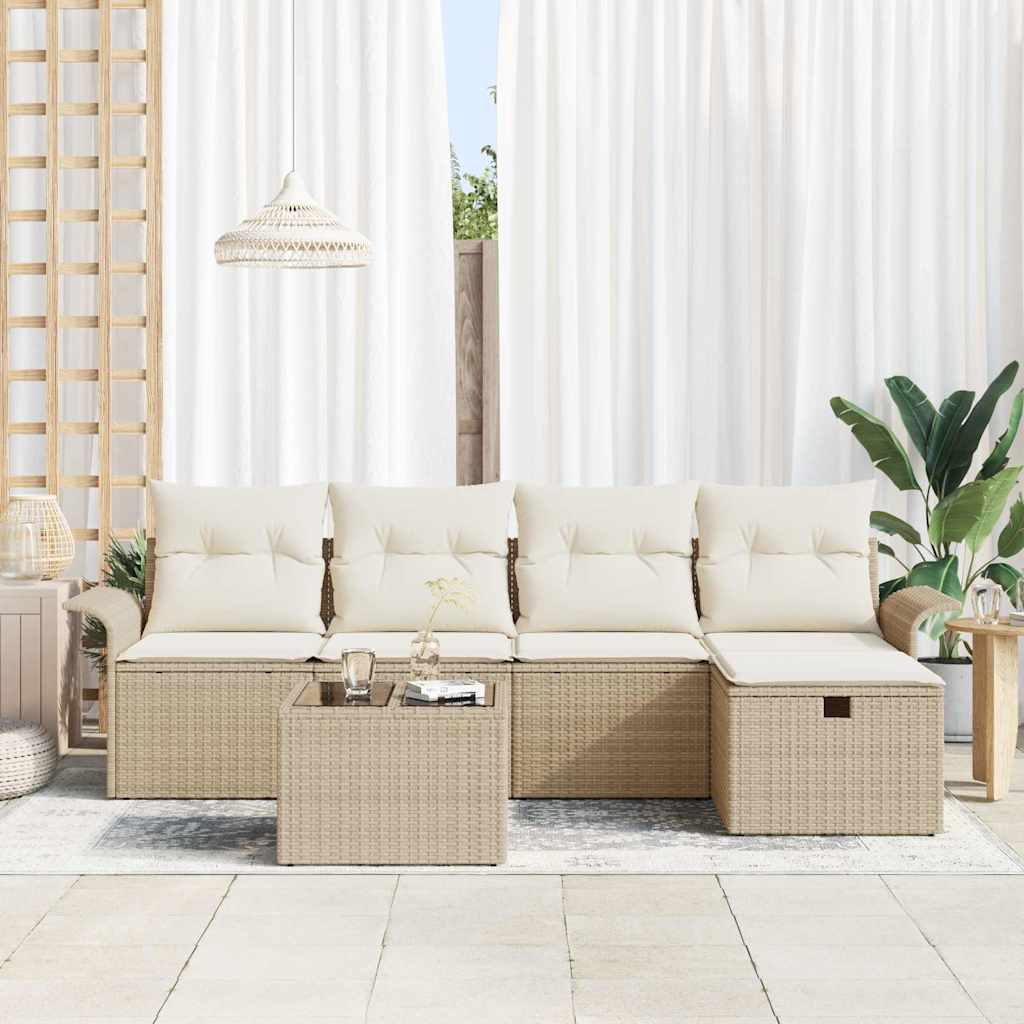 Havesofa Sæt med pude 6 pcs Beige og creme polyrattan