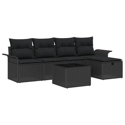 Havesofa Sæt med pude med opbevaring 6 pcs Sort polyrattan