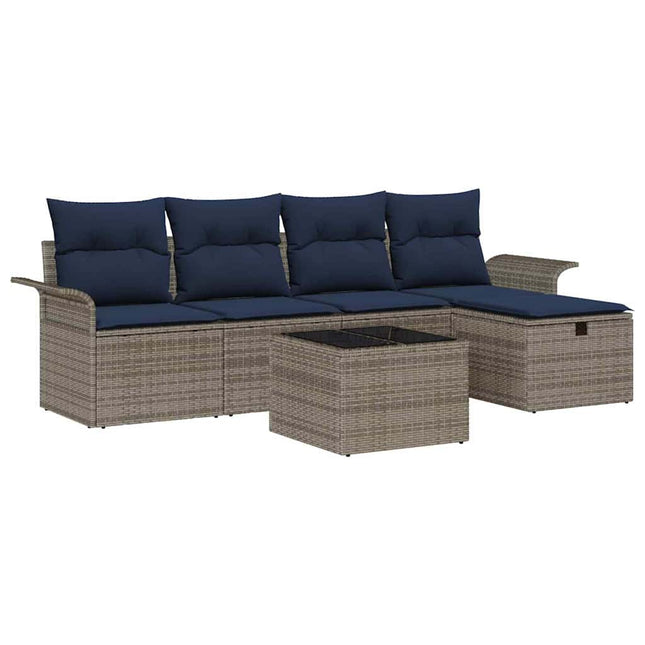 Havesofa Sæt med pude 6 pcs Grå og Marineblå polyrattan