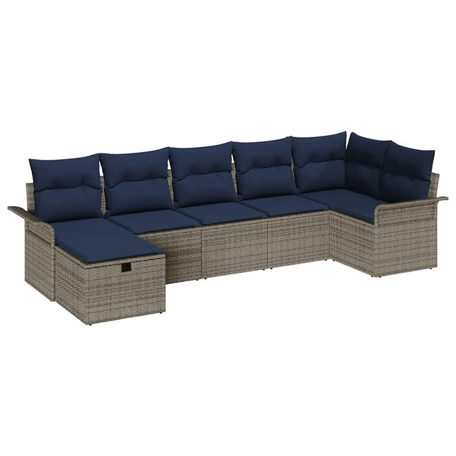 Havesofa Sæt med pude 7 pcs Grå og Marineblå polyrattan