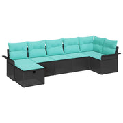 Havesofa Sæt med pude 7 pcs Sort og turkis polyrattan