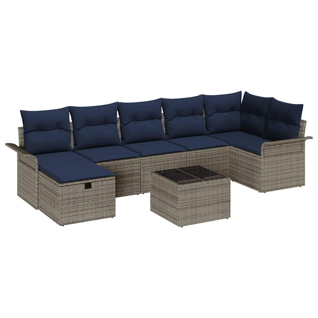 Havesofa Sæt med pude 8 pcs Grå og Marineblå polyrattan
