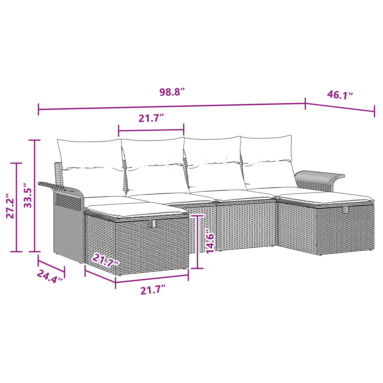 Havesofa Sæt med pude 6 pcs Sort og turkis polyrattan